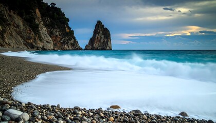 Serene coastal scene; waves gently lapping a pebbled shore, dramatic cliffs under a moody sky