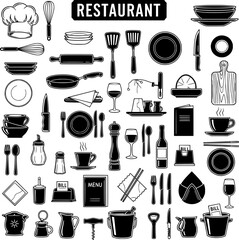 Detailed collection of restaurant, kitchen, and dining icons, including cooking utensils, tableware, food service equipment, and culinary symbols.