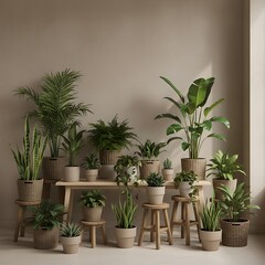 Fototapeta premium A curated collection of diverse potted plants, varying in size and type, arranged on a wooden table and stools against a muted beige wall, creating a calming, plant-filled interior scene.