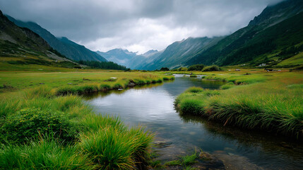 Valley with river under soft lighting, showcasing beauty, valley soft green, river detail close-up, serene landscape scene, calm misty lighting, with copy space