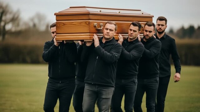 Mourners Carrying Casket at Funeral Service.