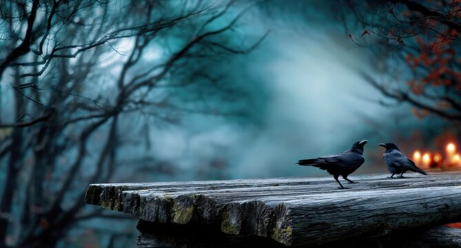 Two black crows perched on a weathered mossy wooden log in a dark, atmospheric, and foggy forest with warm lights