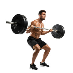 Muscular man performing a barbell squat exercise, isolated on transparent background