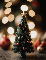 A small Christmas tree decorated with red and gold ornaments stands proudly against a blurred backdrop of bright holiday lights, capturing the festive spirit of New Year Generative AI