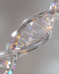 Modern artistic representation of dna helix floating in soft focus environment with glowing light refractions and shimmering accents