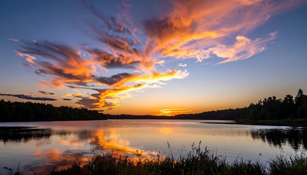 Sunset over a calm lake with dramatic clouds - Powered by Adobe