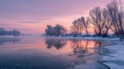 Fototapeta premium Serene Winter River Landscape - Frost-Kissed Trees Reflecting Pastel Sunset Hues.