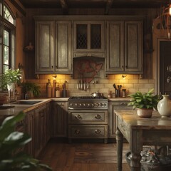 Cozy Rustic Kitchen with Wooden Cabinets and Warm Lighting