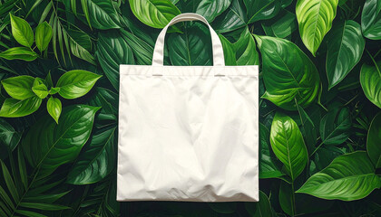 White canvas bag mock-up on green leaves, eco friendly shopping concept, natural fabric