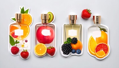 Four perfume bottles filled with fruit slices and berries on a neutral background