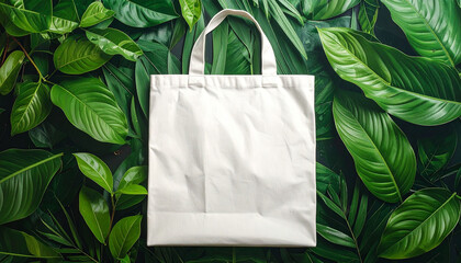 White canvas bag mock-up on green leaves, eco friendly shopping concept, natural fabric