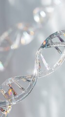 Scientific close up of dna double helix rendered in hyper detail with crystal clear transparency and subtle neon reflections