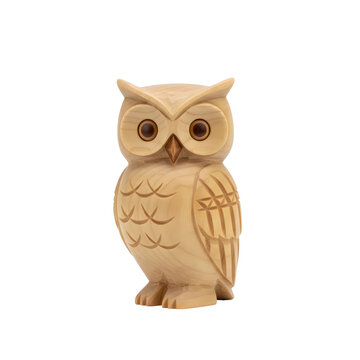 A carved wooden owl figurine with large eyes and detailed feathers. The owl stands upright, showcasing its smooth texture and natural wood color against a transparent background.