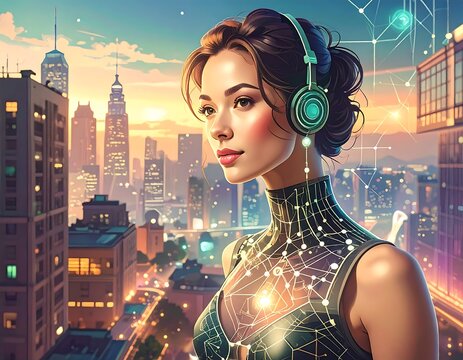 A woman with headphones, gazing at a futuristic cityscape at sunset, glowing network lines adorn her