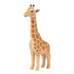 Obraz premium A toy giraffe with a long neck and distinctive brown spots stands upright. The background is transparent, highlighting the giraffe's features.