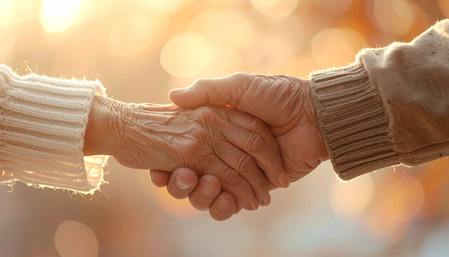 Hand Holding with Sunshine: A touching close-up captures the moment of two hands clasped tightly together in a show of enduring support, loyalty, and affection.