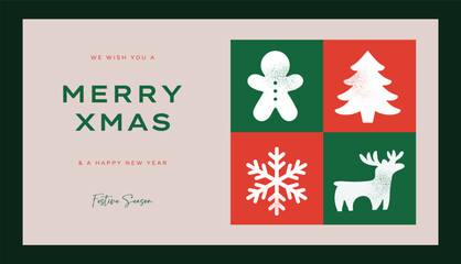 Christmas Greeting Card with Merry Xmas Text and New Year Holiday Icons in Red and Green Vector