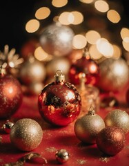 Bright red and gold ornaments are scattered on a red surface, creating a festive atmosphere for Christmas and New Year celebrations Generative AI
