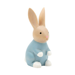 Fototapeta premium A cute, stylized rabbit figurine with a light brown head and ears, wearing a blue outfit with white paws. The background is transparent, highlighting the rabbit's features.