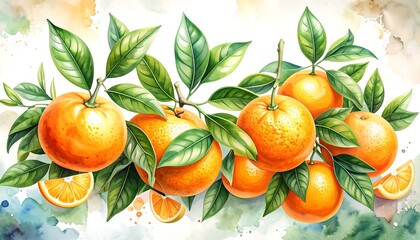 Watercolor oranges and leaves