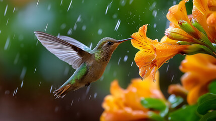 Hummingbird hovering near an orange flower under gentle rain lighting, highlighting vibrant colors, hummingbird soft flight, flower detail close-up, serene rainforest scene, calm r