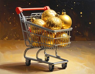 Golden Christmas Ornaments in a Shopping Cart