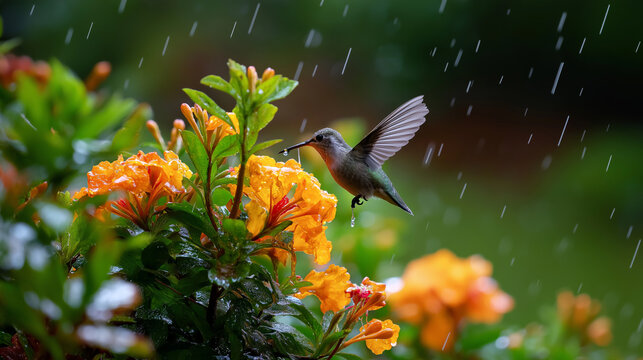Hummingbird hovering near an orange flower under gentle rain lighting, highlighting vibrant colors, hummingbird soft flight, flower detail close-up, serene rainforest scene, calm r - Powered by Adobe