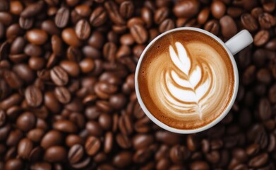 Close up top view of latte art in a white cup, surrounded by scattered roasted coffee beans, creating a rich texture