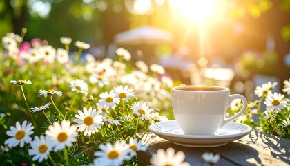 Sunlit coffee amidst blooming daisies