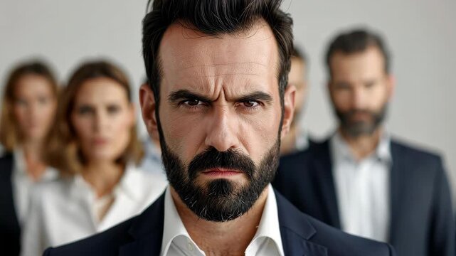 Focused Intensity: A determined leader with a stern expression, embodying focused determination, gazes resolutely toward the viewer, surrounded by a team of equally committed colleagues.