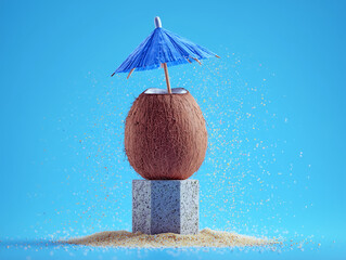 Coconut Tropical Drink with Blue Umbrella and Refreshing Splash