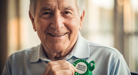 A smiling senior man proudly displays a green mental health awareness ribbon on his shirt.