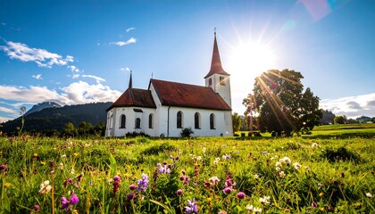 Rural scene White church in a meadow with flowers, mountain backdrop, and bright sun