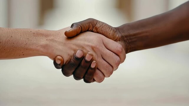 Handshake of Unity: Two hands, one fair-skinned and the other dark-skinned, clasp together in a symbol of solidarity, collaboration, and mutual respect.