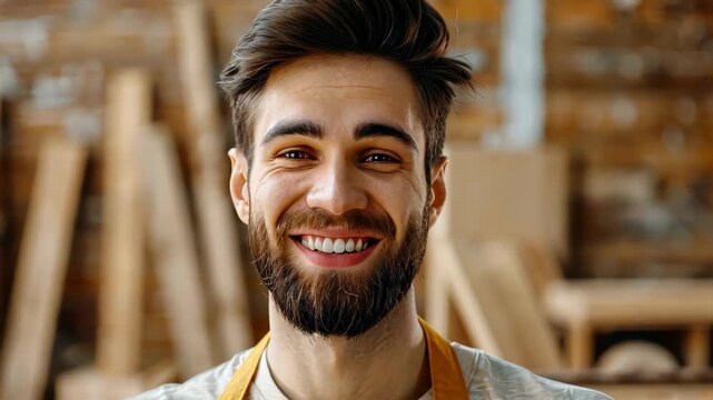 Portrait of A Joyful Craftsman: A close-up captures the radiant smile of a skilled craftsman, radiating confidence and contentment within a workshop filled with wooden elements.