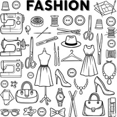 Hand-Drawn Fashion and Sewing Items Doodle Set - Clothing, Accessories, Tools, and Supplies in Black and White Line Art