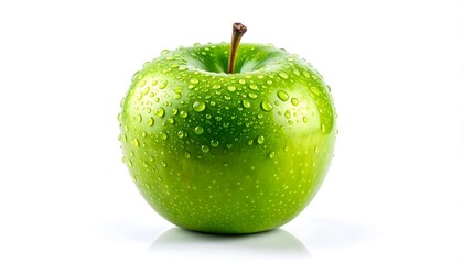 A crisp, vibrant green apple, glistening with water droplets, rests against a clean, bright white background. The focus is sharp and the lighting is bright