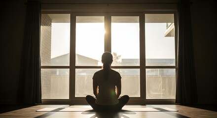 A serene silhouette meditates cross-legged before a sunlit window, embracing morning tranquility.