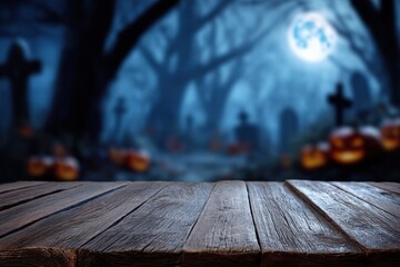 Fototapeta premium Wooden table foreground with a spooky Halloween graveyard background, glowing pumpkins and full moon under dark trees at night