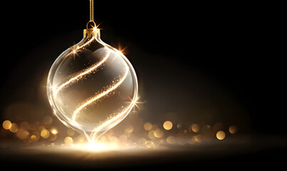 Clear glass Christmas ornament with gold glitter light trail on dark background. Holiday decoration for New Year greeting card.