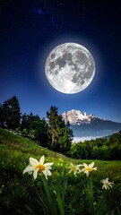 Full moon over alpine meadow at night