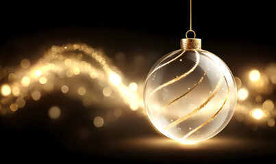 Transparent Christmas ornament with golden glitter stripes hanging. Holiday season decoration with sparkling bokeh lights for greeting card.
