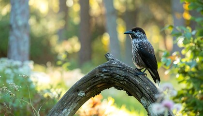 Bird perched on an old branch in a sun dappled forest, focused in the foreground