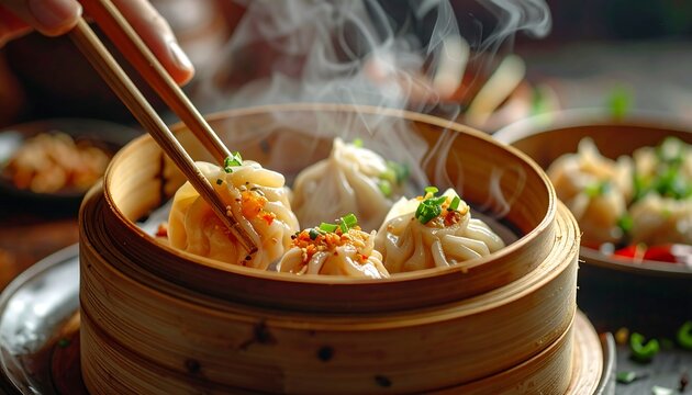 Steamed dumplings in a bamboo steamer - Powered by Adobe