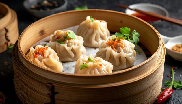Steamed dumplings in bamboo steamer (1) - Powered by Adobe