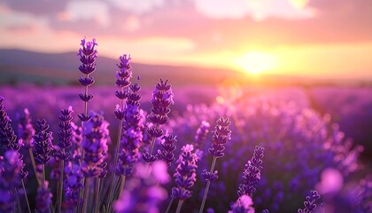 Naklejka premium Sunset over a field of purple flowers