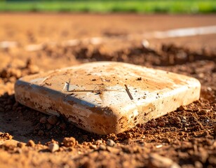 Sunlit, dirt-caked home plate sits in infield