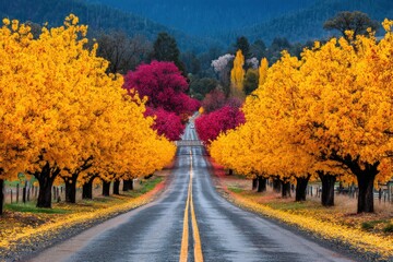 Naklejka premium Scenic Autumn Road Surrounded by Vibrant Maple Trees in Vivid Orange and Pink Colors Reflecting Natural Beauty and Serenity as a Journey through Nature's Seasonal Palette