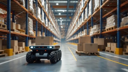 Obraz premium Warehouse robot transporting boxes in a large storage facility