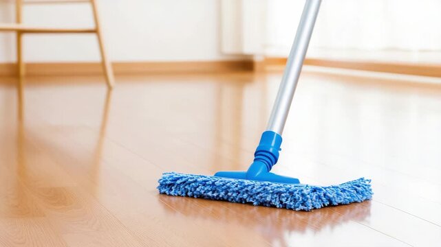 Efficient mop cleaning motion on shiny wooden floor in bright home interior